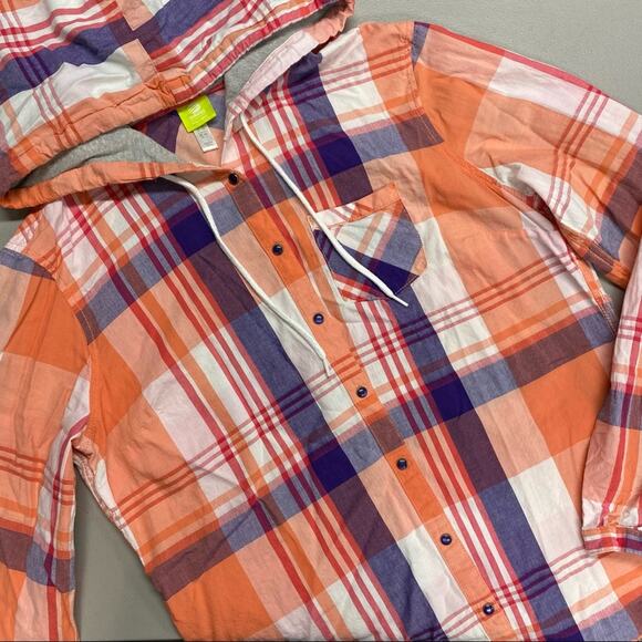 Adidas Neo Label Orange Plaid Pearl Snap Button Down Shirt Hooded Drawstring Lrg - Picture 1 of 6